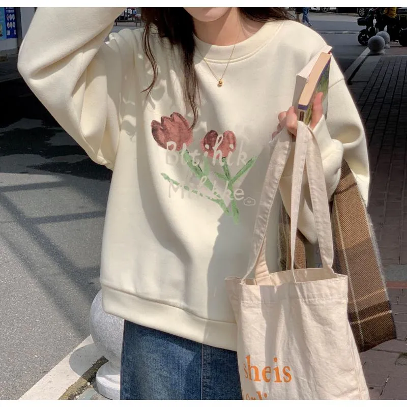 Anti-Pilling Plus Velvet Thickened Print Faux Cotton Stripe Round Neck Sweatshirt