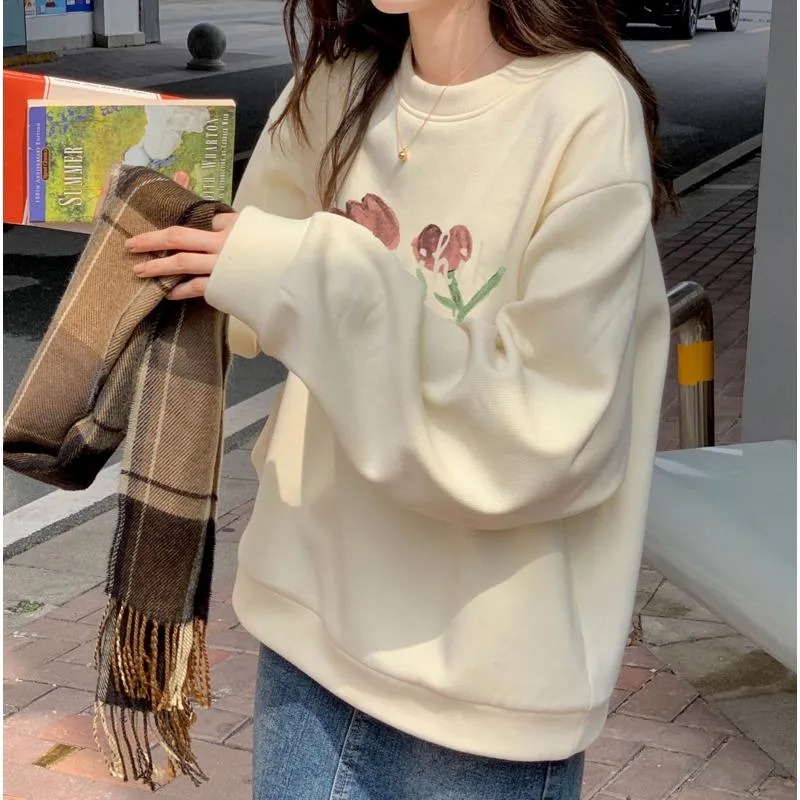 Anti-Pilling Plus Velvet Thickened Print Faux Cotton Stripe Round Neck Sweatshirt