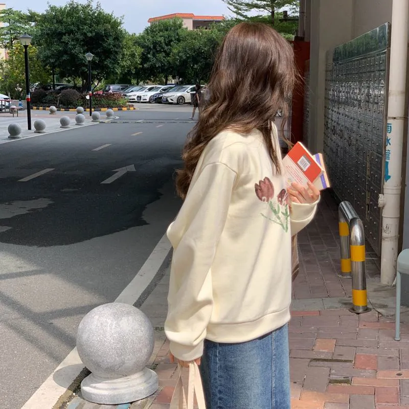 Anti-Pilling Plus Velvet Thickened Print Faux Cotton Stripe Round Neck Sweatshirt