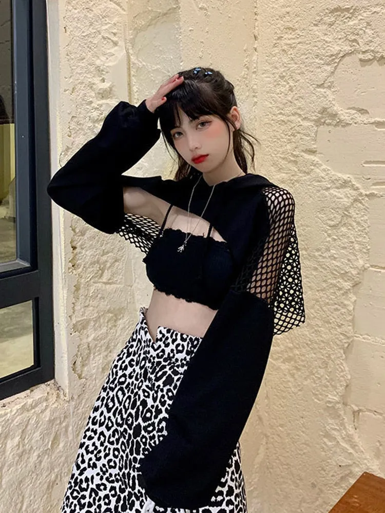 Black Hoodies Women Sexy Hollow Out Long Sleeve Crop Tops Mesh Patchwork Short Sweatshirt Hooded Streetwear Fall Tops