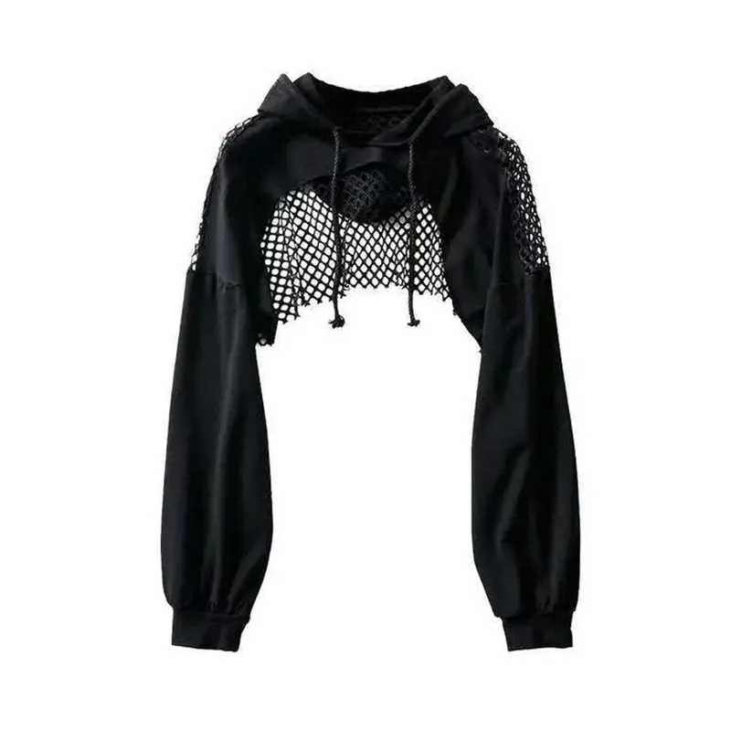 Black Hoodies Women Sexy Hollow Out Long Sleeve Crop Tops Mesh Patchwork Short Sweatshirt Hooded Streetwear Fall Tops
