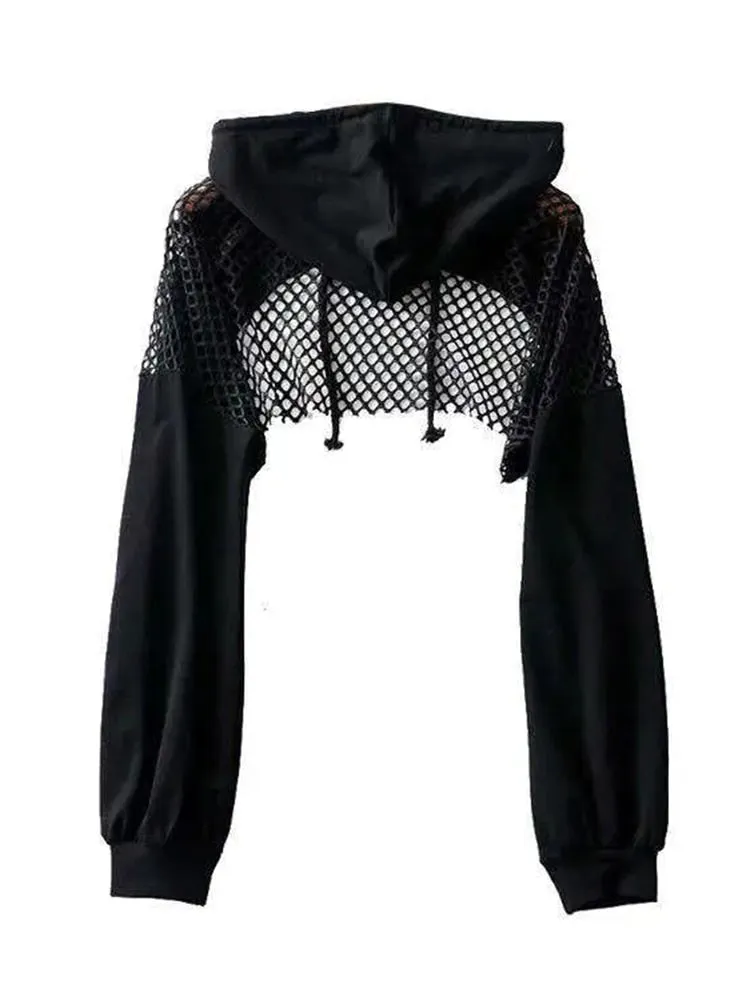 Black Hoodies Women Sexy Hollow Out Long Sleeve Crop Tops Mesh Patchwork Short Sweatshirt Hooded Streetwear Fall Tops