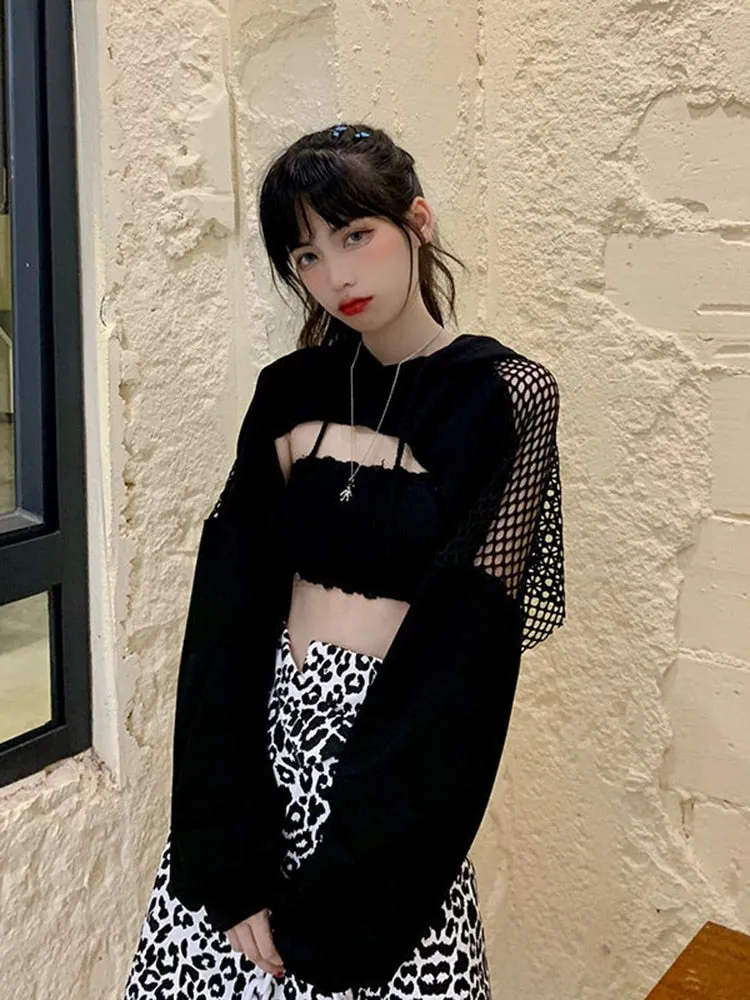 Black Hoodies Women Sexy Hollow Out Long Sleeve Crop Tops Mesh Patchwork Short Sweatshirt Hooded Streetwear Fall Tops