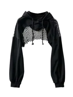 Black Hoodies Women Sexy Hollow Out Long Sleeve Crop Tops Mesh Patchwork Short Sweatshirt Hooded Streetwear Fall Tops