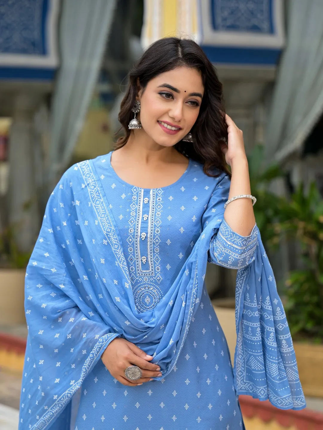 Blue Ethnic Motif Printed Liva Rayon Kurta Pant And Dupatta Set With Beads Sequins & Lace