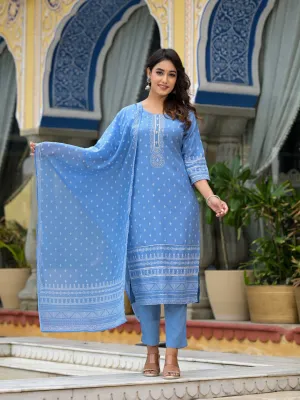 Blue Ethnic Motif Printed Liva Rayon Kurta Pant And Dupatta Set With Beads Sequins & Lace