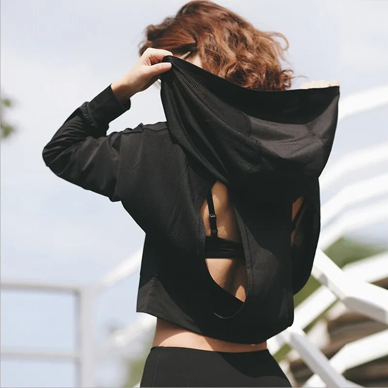 Breathable Backless Patched Hooded Long Sleeve