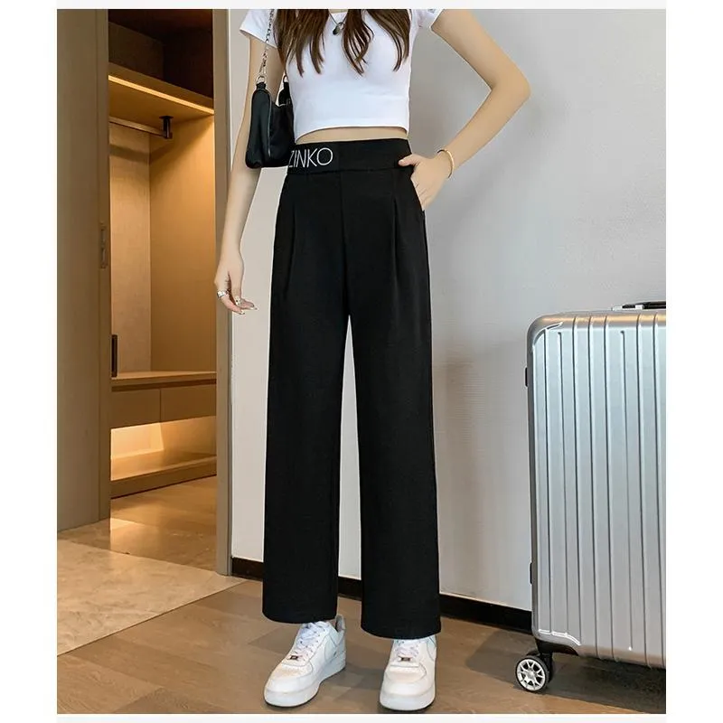 Casual Slimming Straight Thin Plus Letter Pendant Chiffon High-Waisted Pants