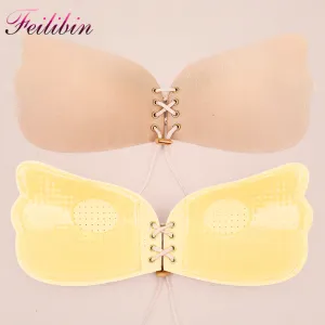 Feilibin Super Push Up Bra for Small Breast Young Girls Push Up Silicon Women Invisible Adhesive Bra Strapless Women Bralette