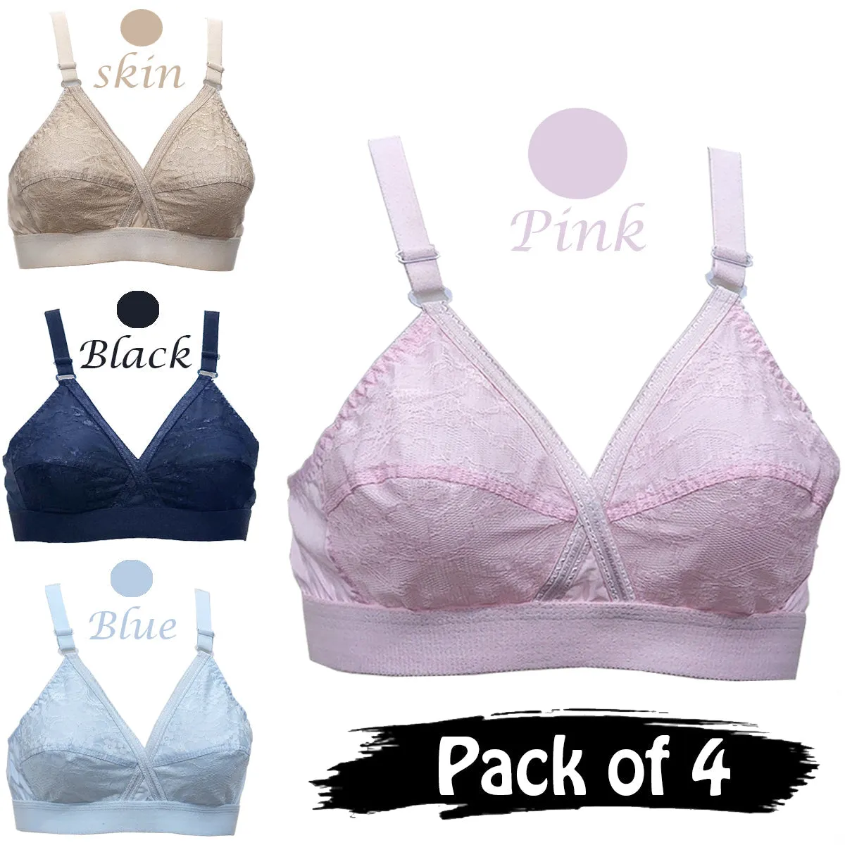 Flourish Pack Of 4 Cross Design Women Ladies Girls Cotton Bra Blouse Brazier