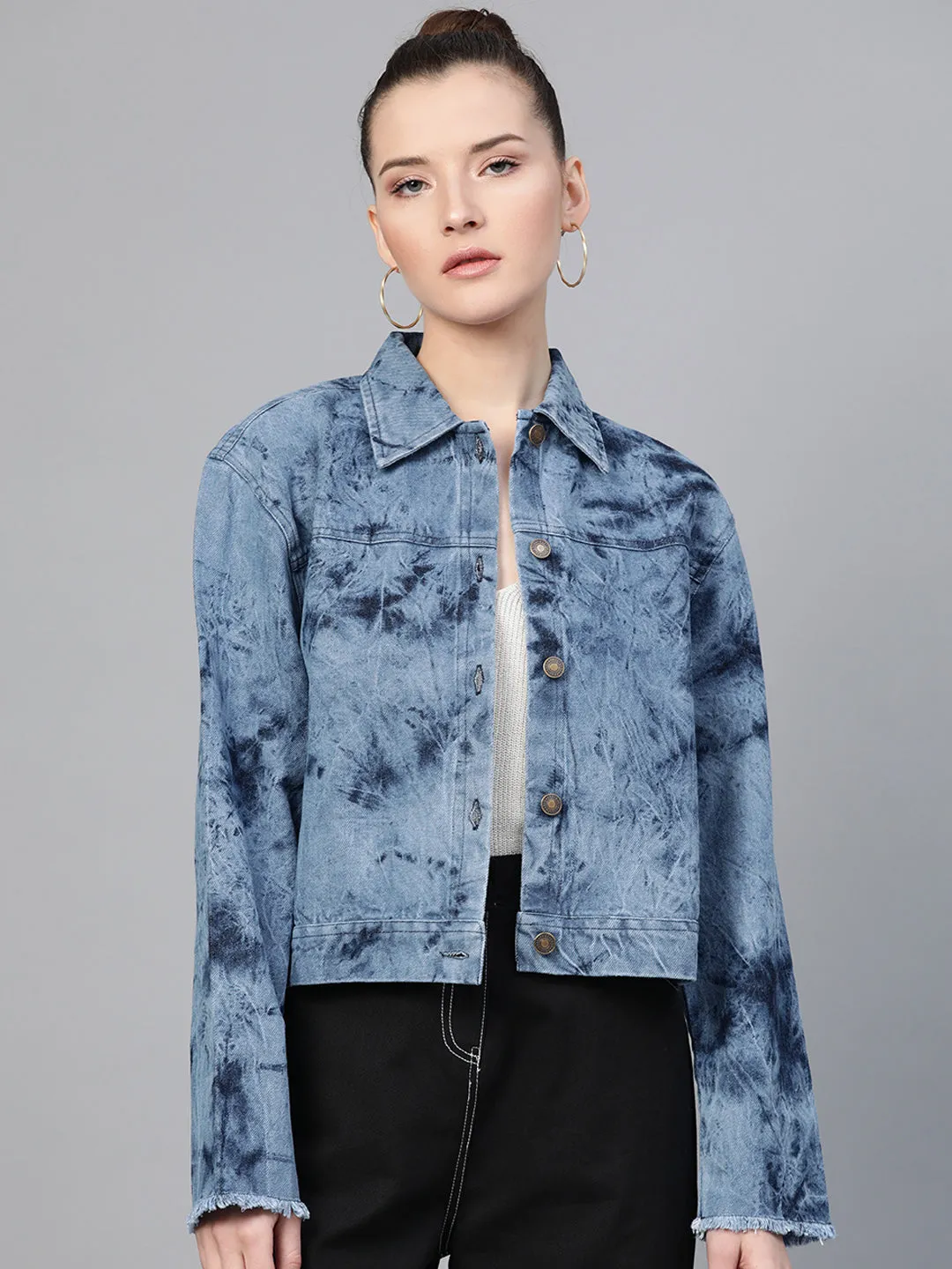 Ice Blue Tie-Dye Acid Wash Denim Jacket