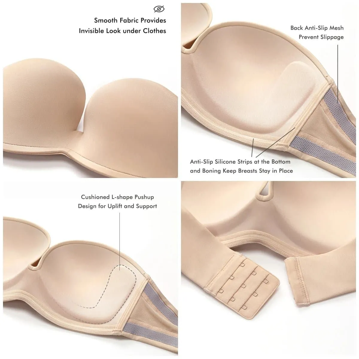 Invisible Strapless Bra with Plunge, Padded, and Push-Up Features
