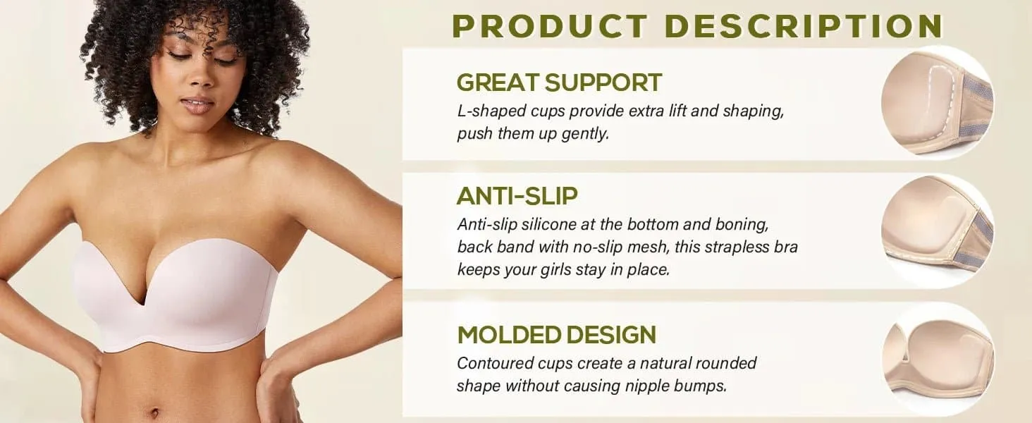 Invisible Strapless Bra with Plunge, Padded, and Push-Up Features