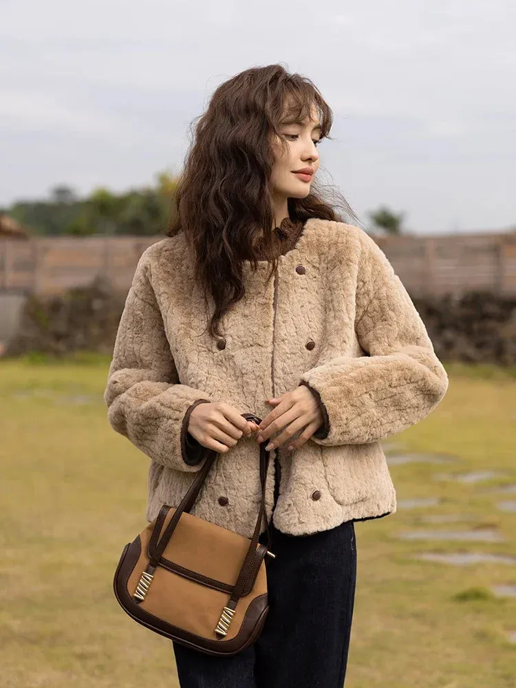 Lamb Wool Coat for Women Winter Short Single Breasted O neck Jacket