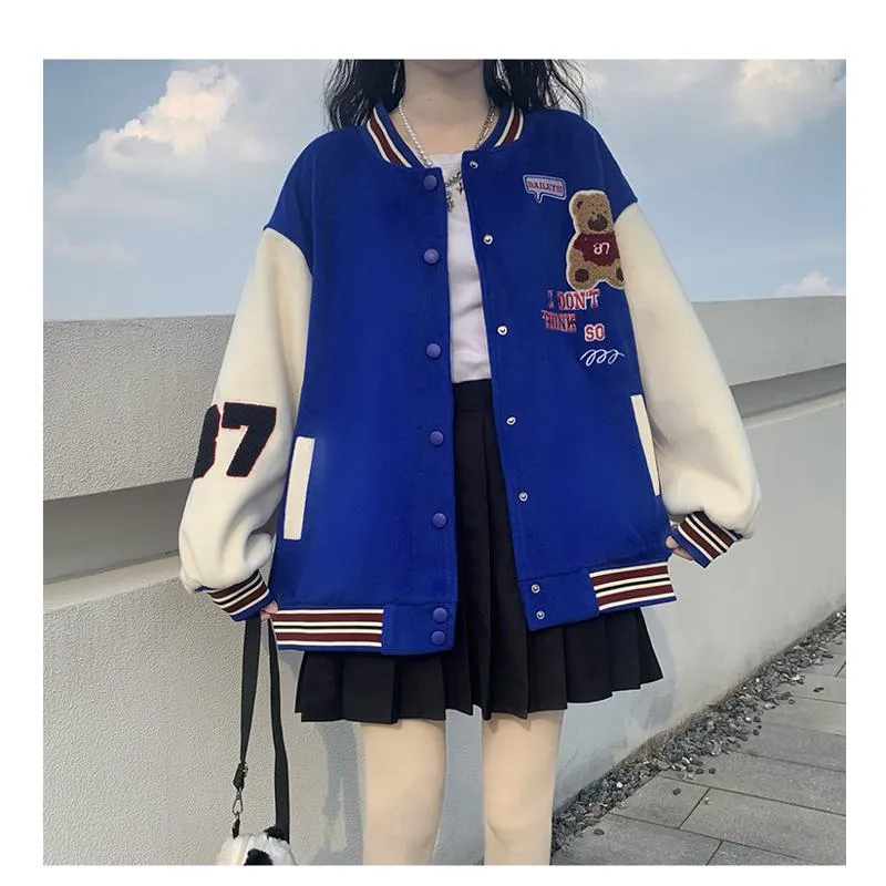 Loose Fit Thickened Preppy Style Varsity Jacket