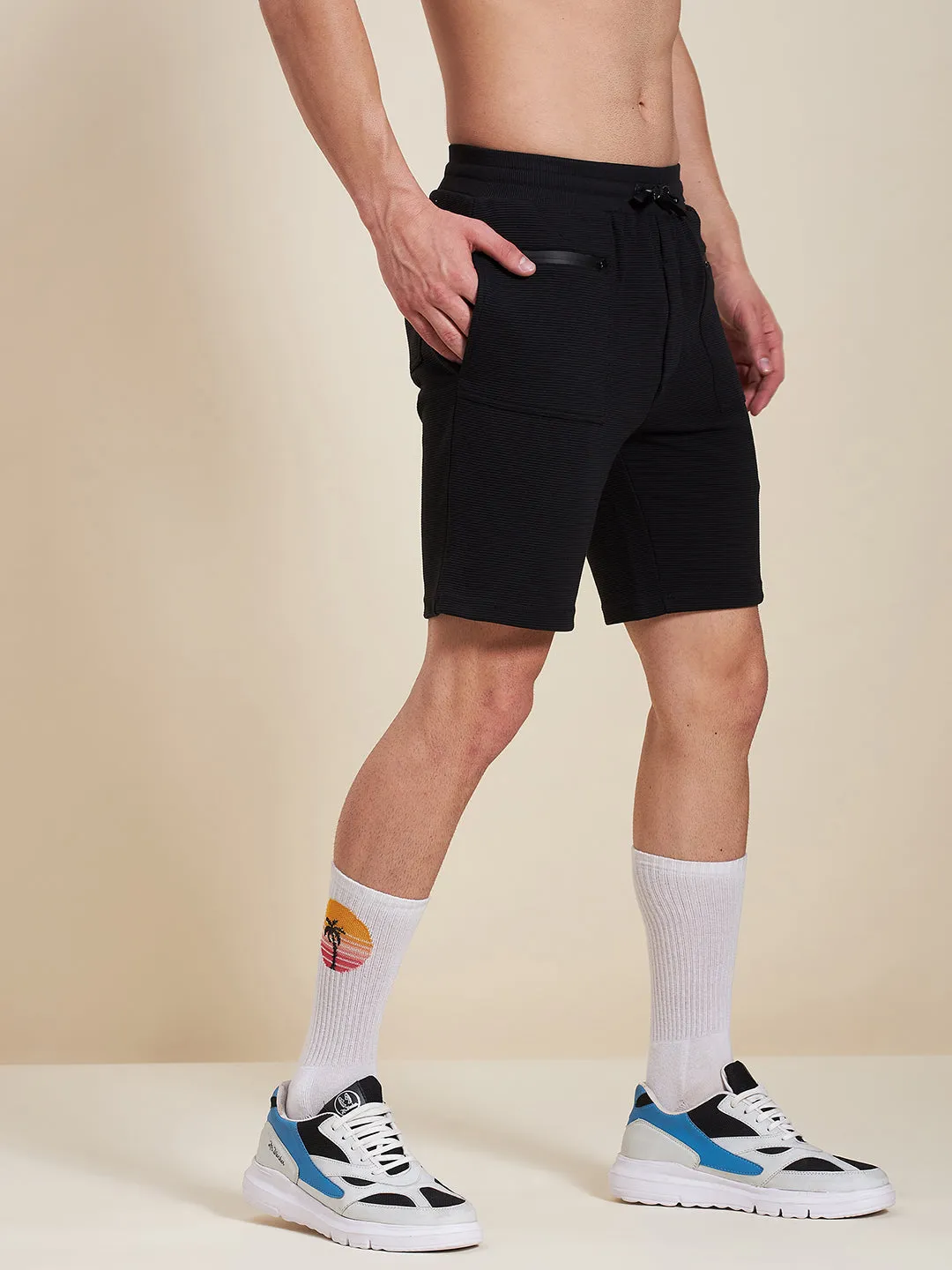Men Black Zipper Pocket Bermuda Shorts