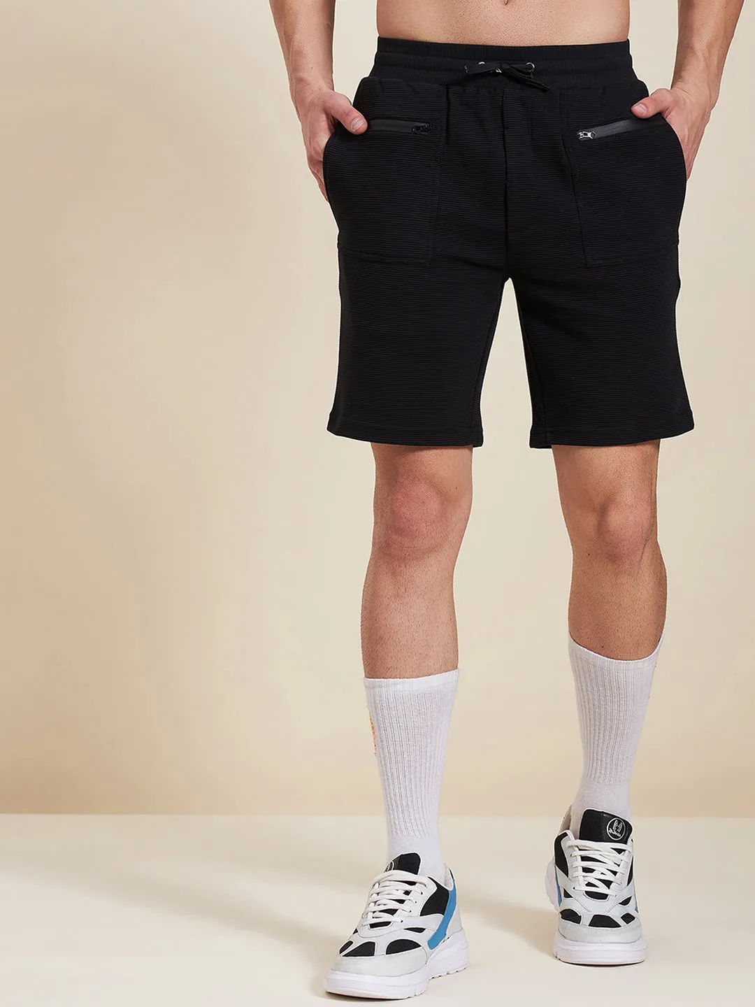 Men Black Zipper Pocket Bermuda Shorts