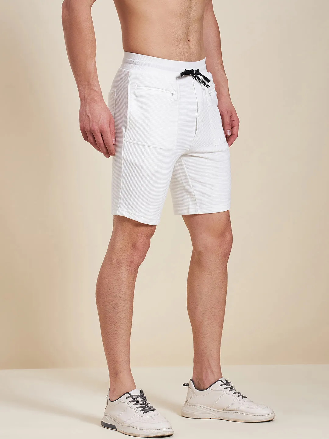 Men White Zipper Pocket Bermuda Shorts