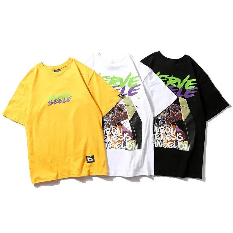 Neon Genesis Robot Printed Hip Hop Streetwear Loose Tees