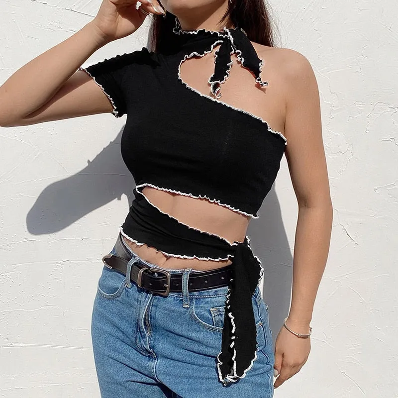 Party Clubwear Hollow Out Slim Sexy One Off Shoulder Black Summer Crop Top Sleeveless