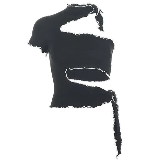 Party Clubwear Hollow Out Slim Sexy One Off Shoulder Black Summer Crop Top Sleeveless