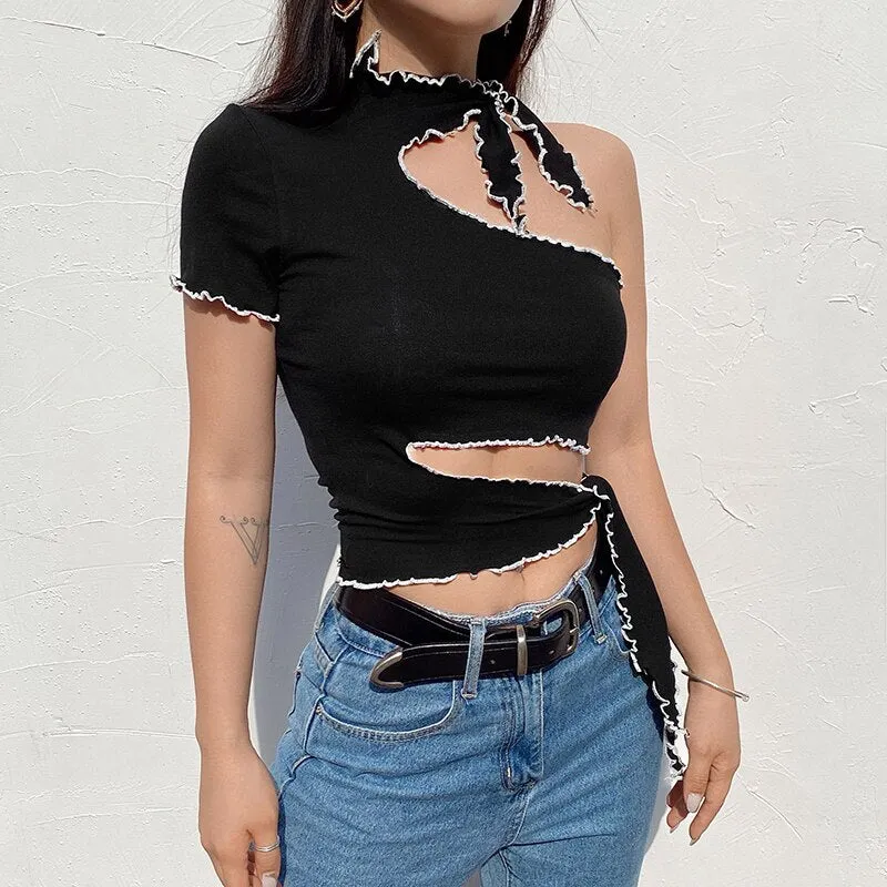 Party Clubwear Hollow Out Slim Sexy One Off Shoulder Black Summer Crop Top Sleeveless