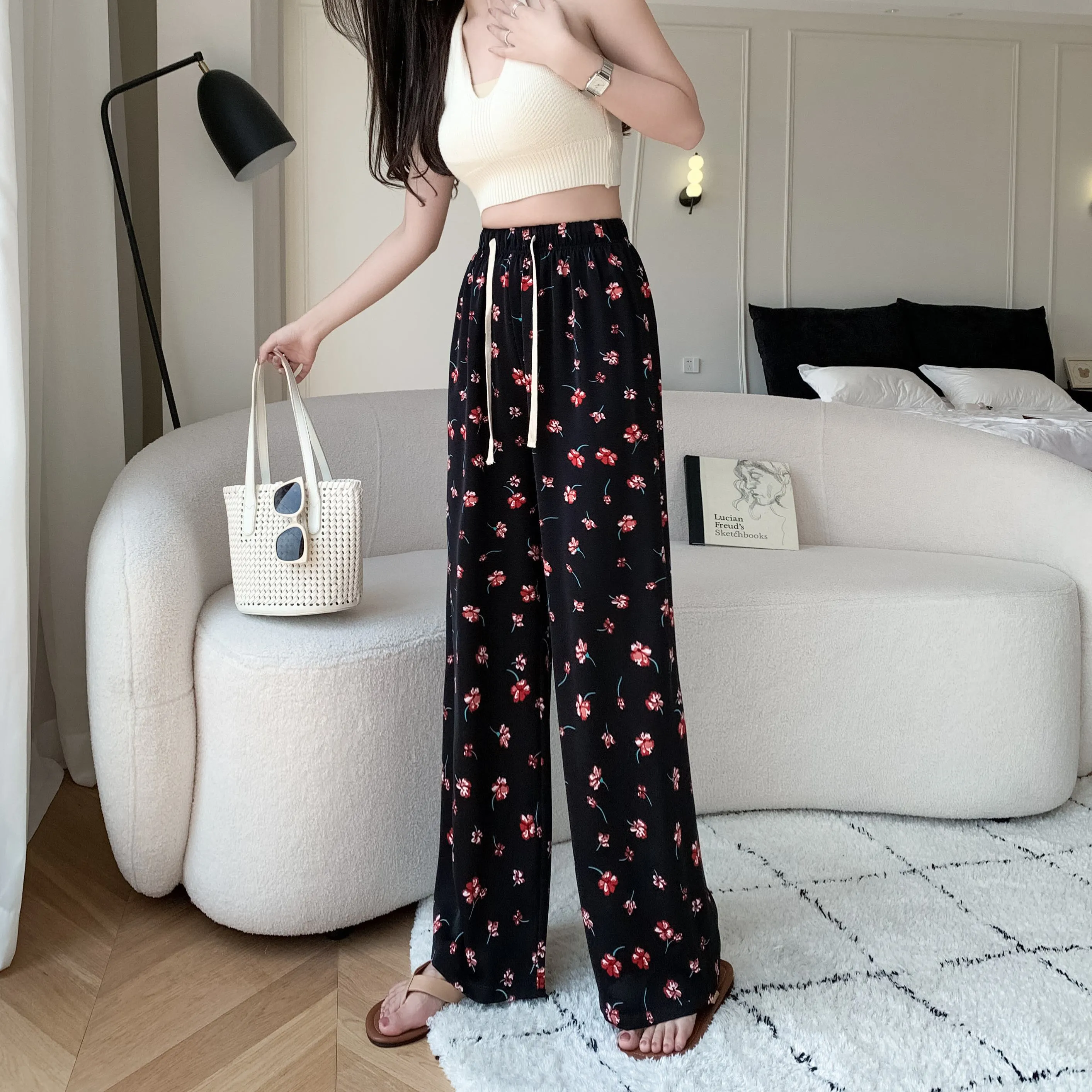 Printed High-Waisted Straight Leg Casual Slimming Look Silky Pants