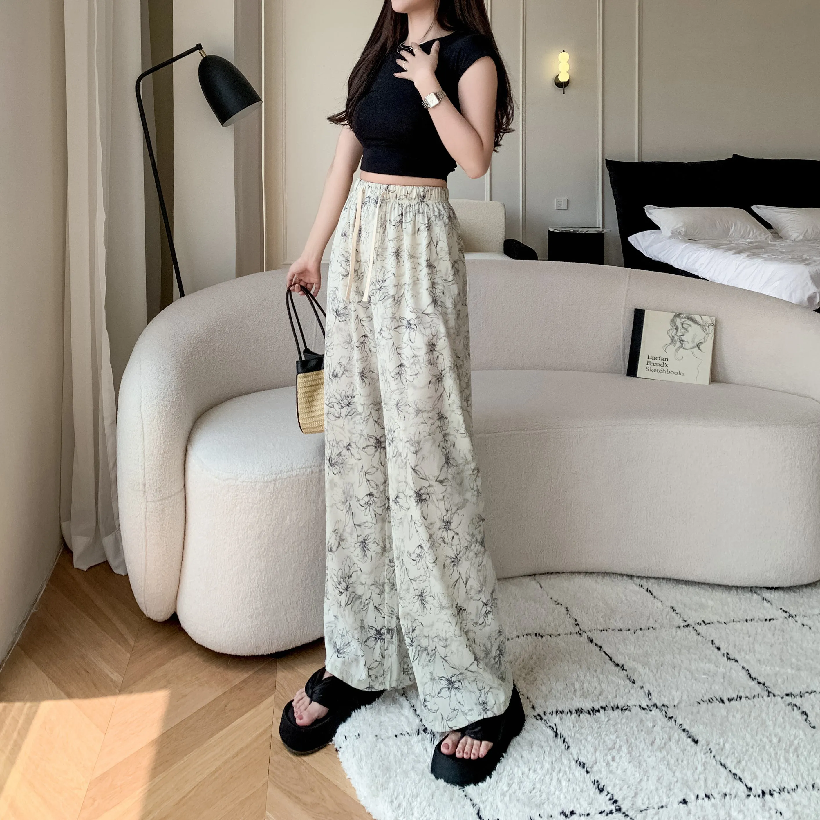 Printed High-Waisted Straight Leg Casual Slimming Look Silky Pants