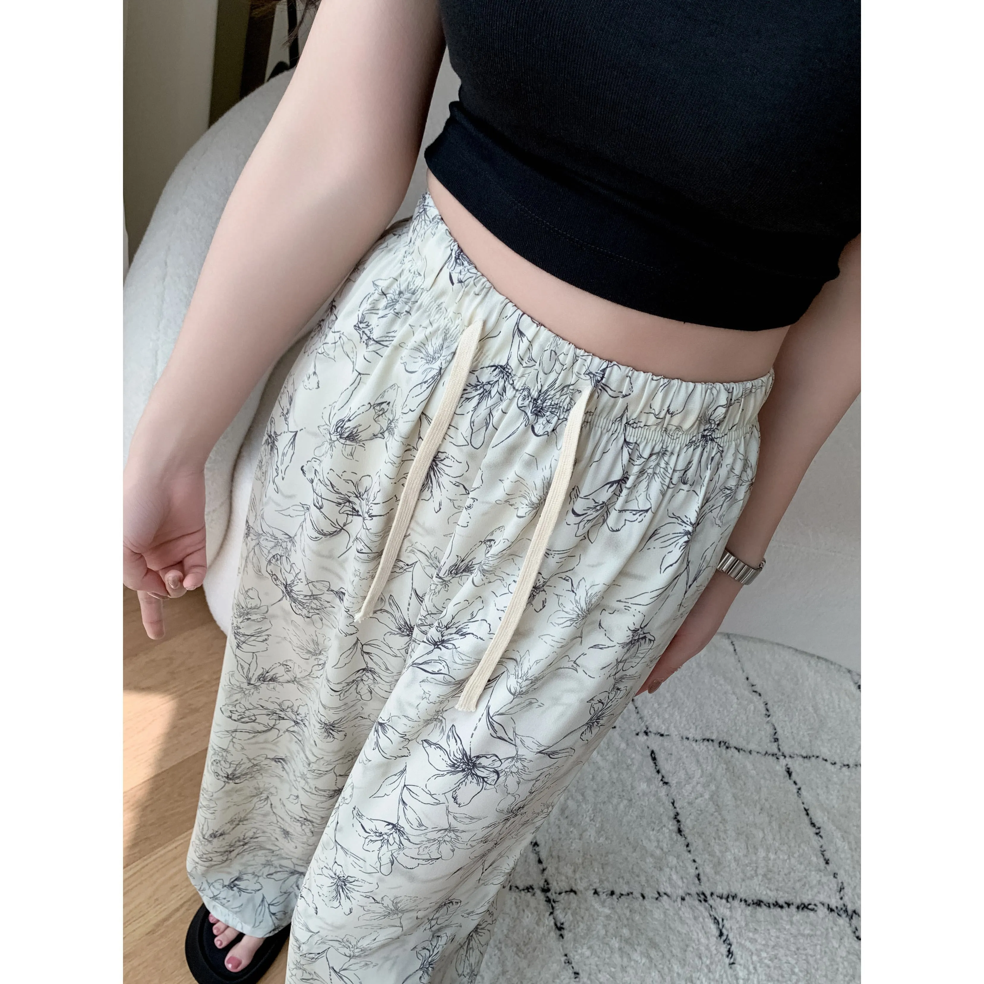 Printed High-Waisted Straight Leg Casual Slimming Look Silky Pants