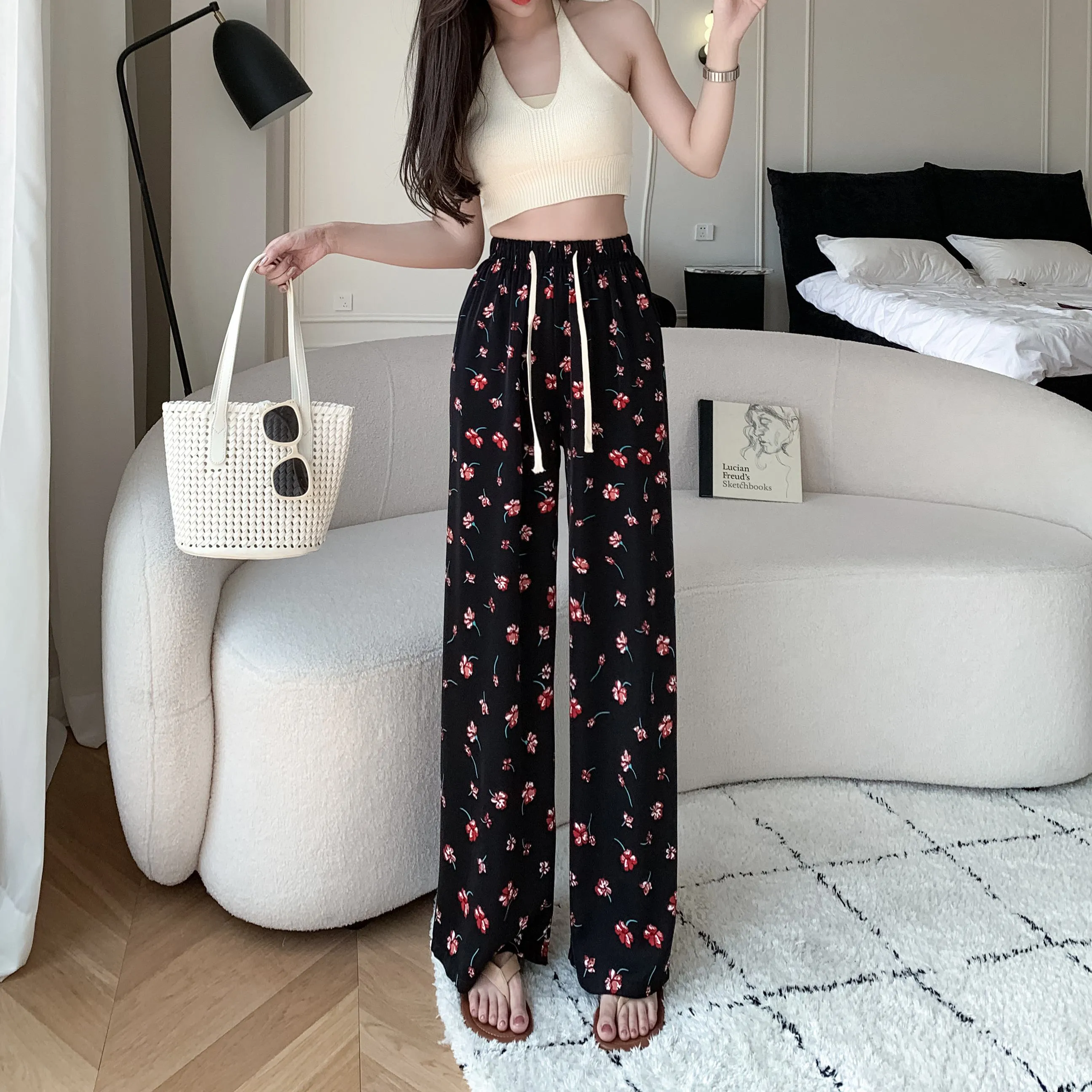 Printed High-Waisted Straight Leg Casual Slimming Look Silky Pants