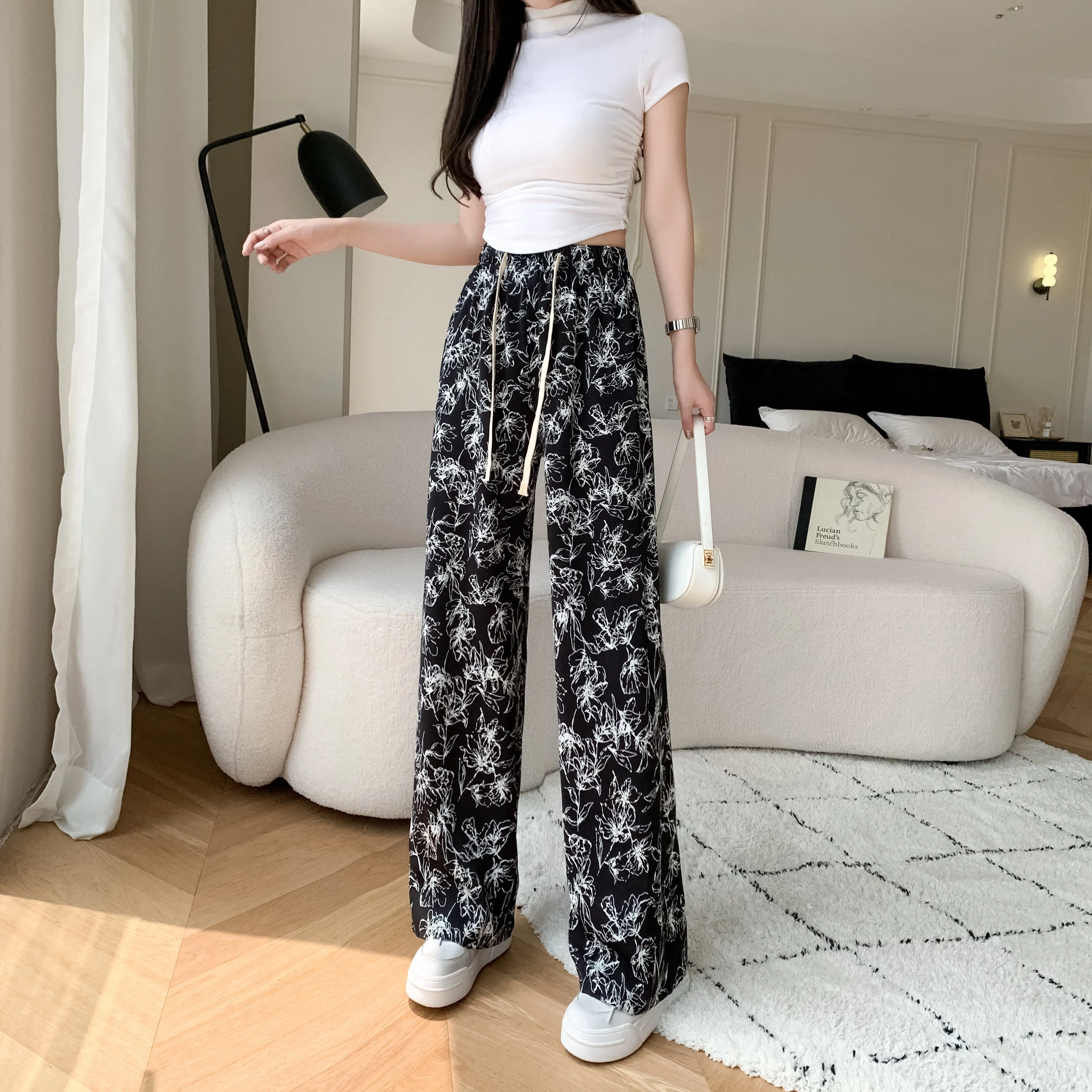Printed High-Waisted Straight Leg Casual Slimming Look Silky Pants