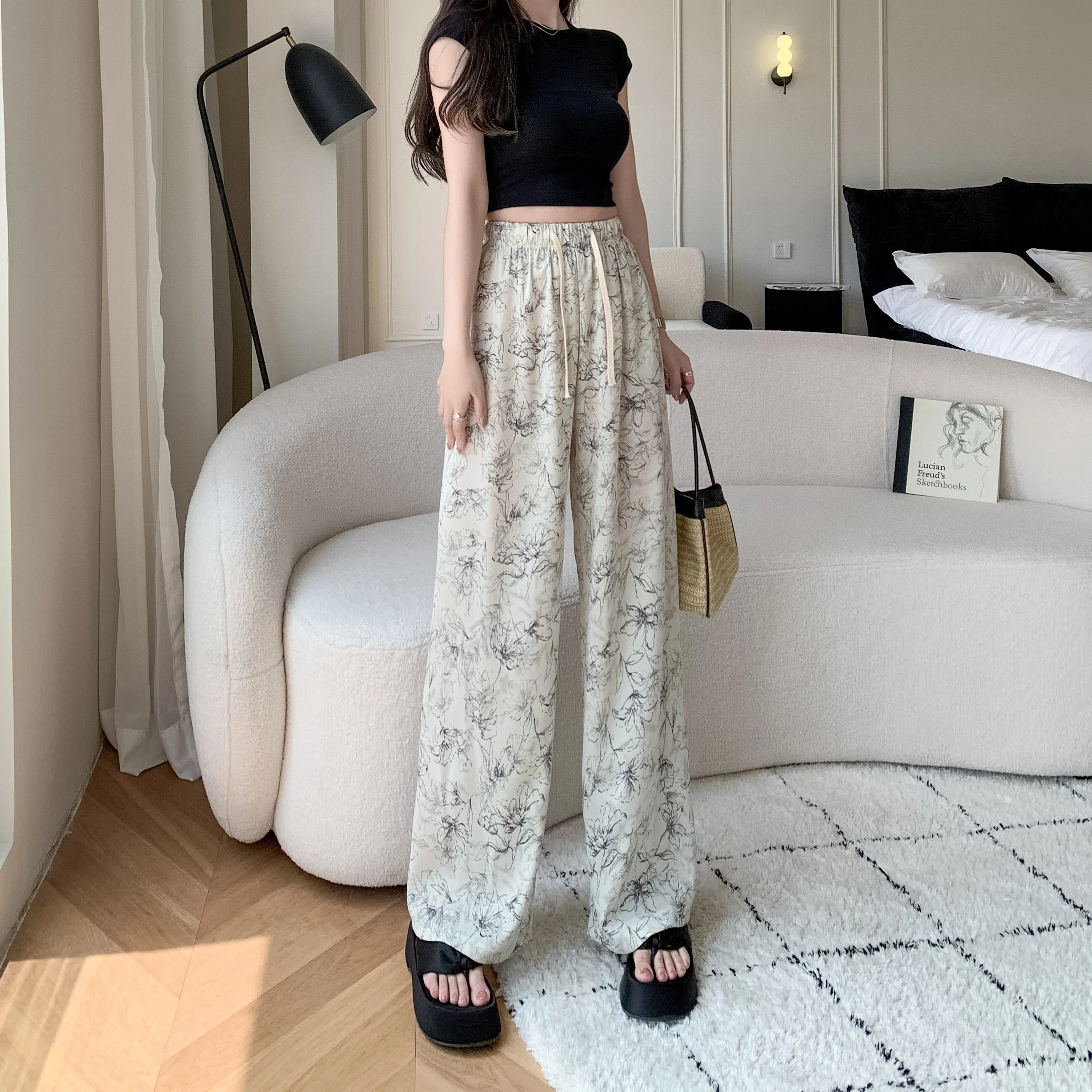 Printed High-Waisted Straight Leg Casual Slimming Look Silky Pants