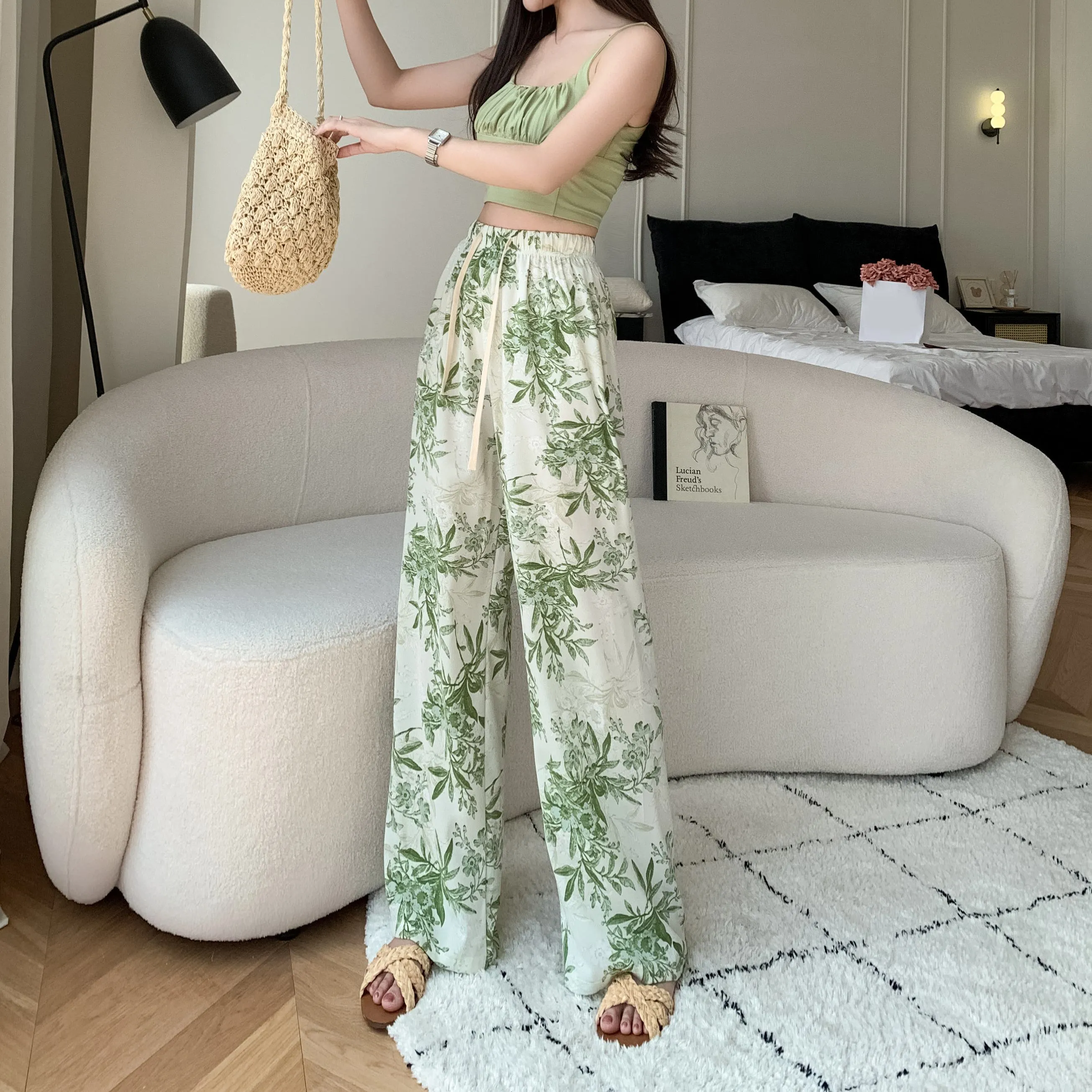 Printed High-Waisted Straight Leg Casual Slimming Look Silky Pants