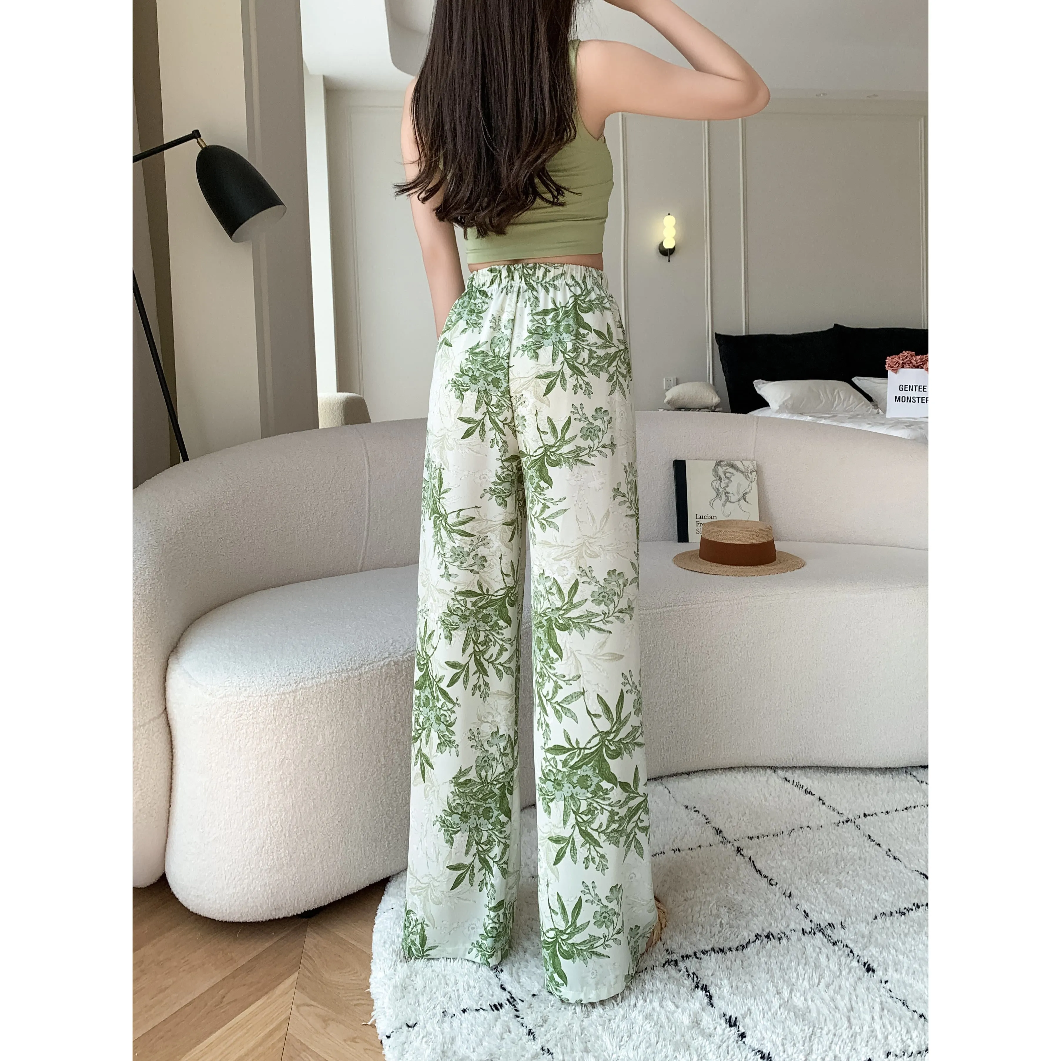 Printed High-Waisted Straight Leg Casual Slimming Look Silky Pants