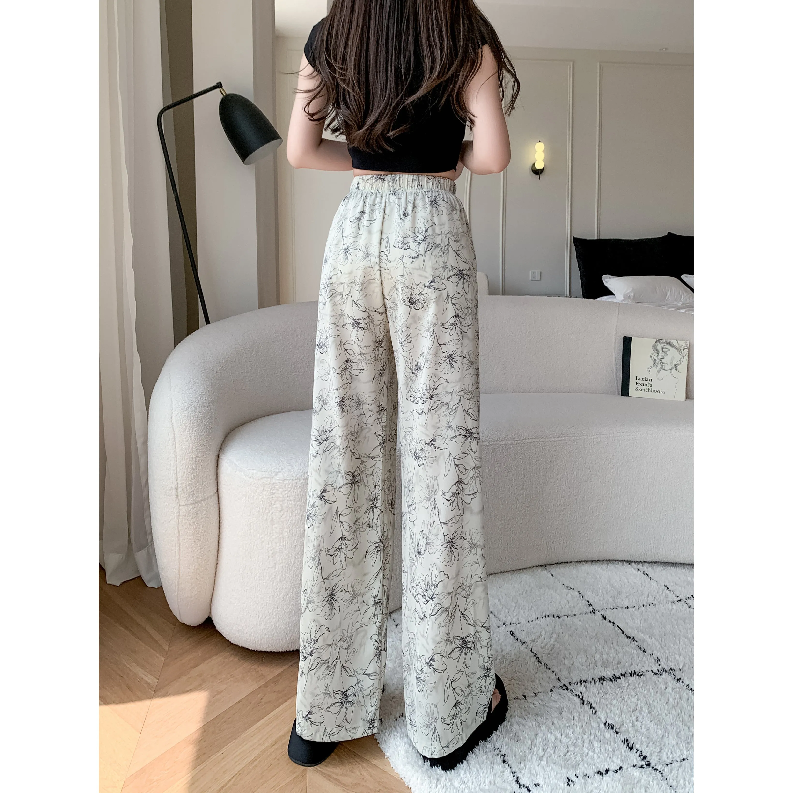 Printed High-Waisted Straight Leg Casual Slimming Look Silky Pants