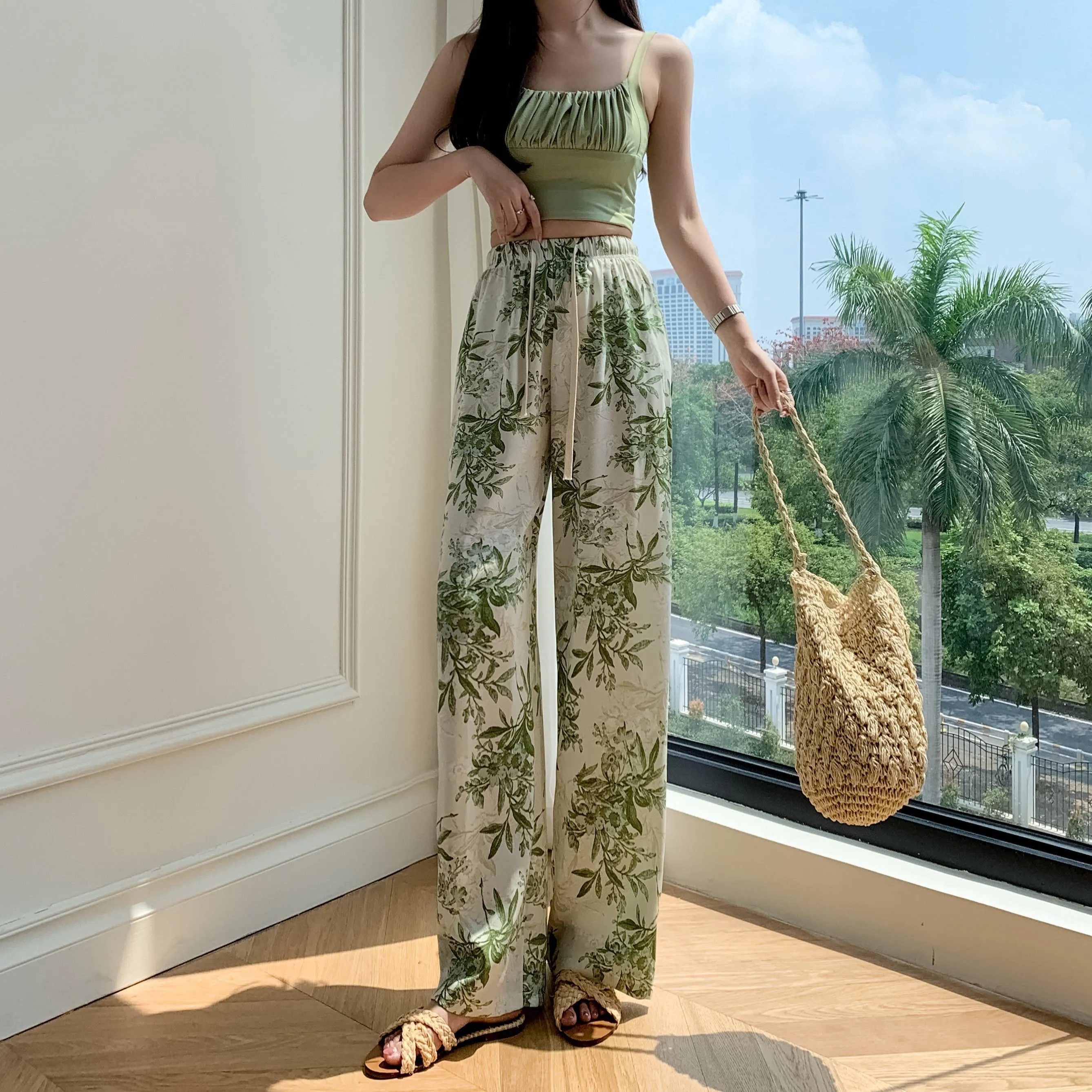 Printed High-Waisted Straight Leg Casual Slimming Look Silky Pants