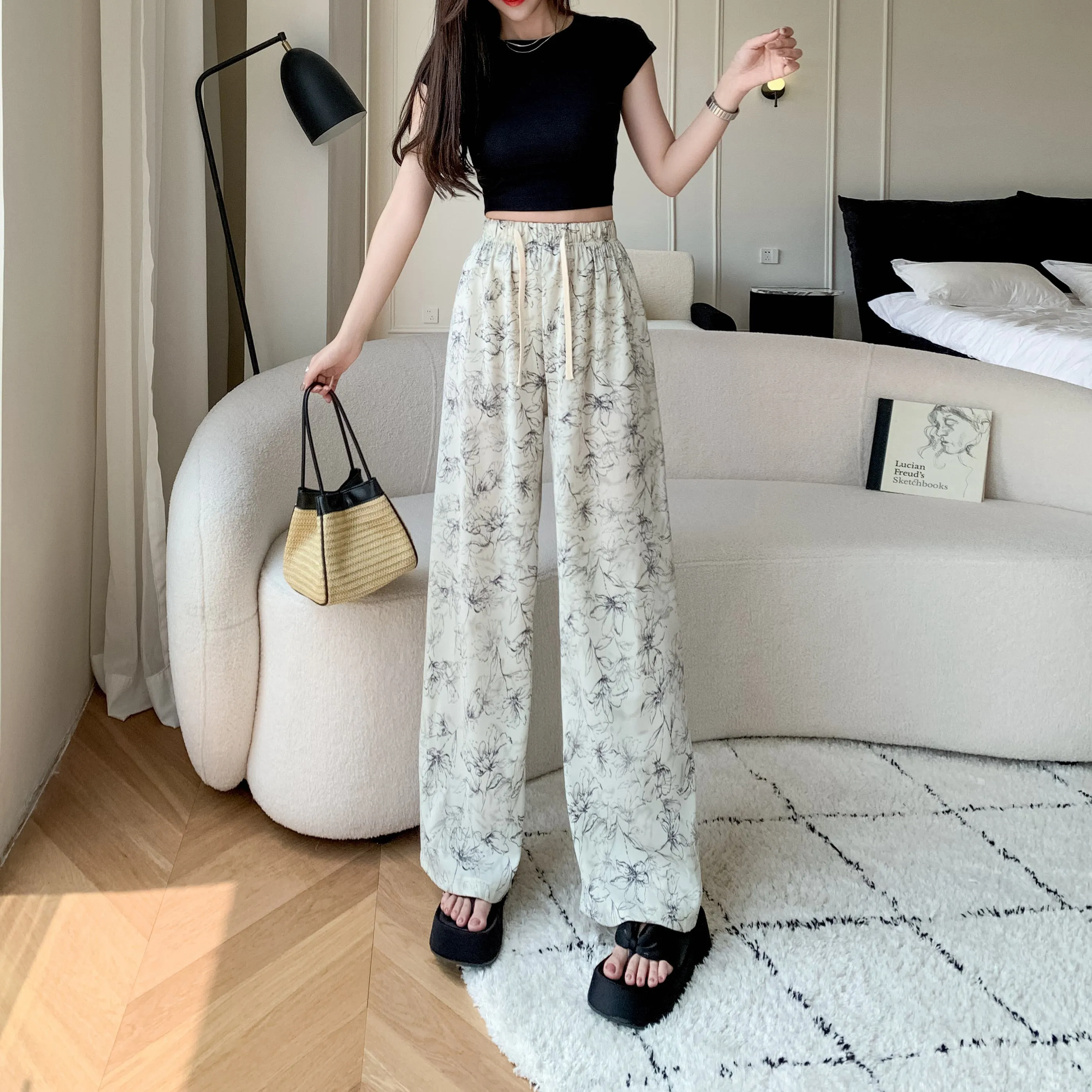 Printed High-Waisted Straight Leg Casual Slimming Look Silky Pants