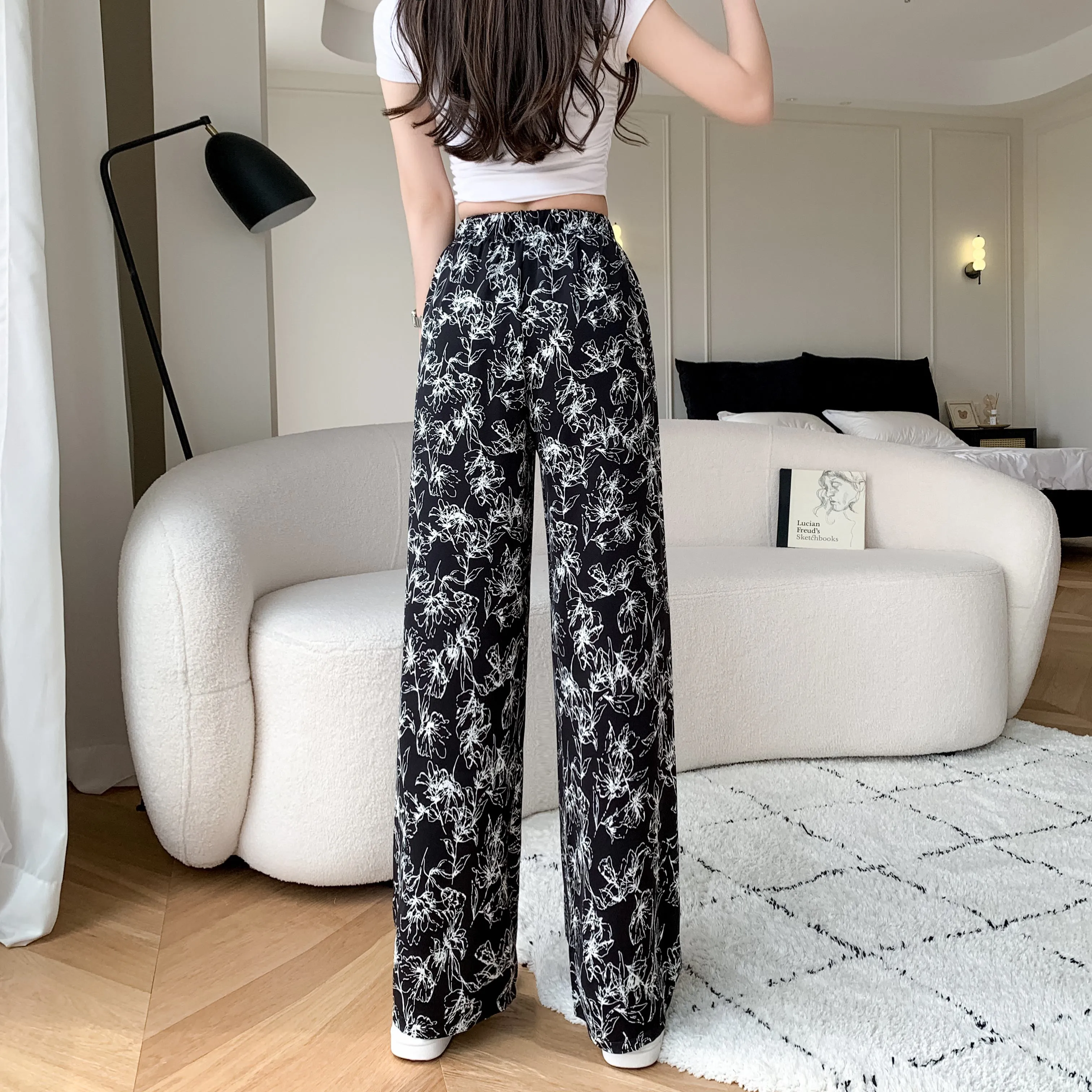 Printed High-Waisted Straight Leg Casual Slimming Look Silky Pants