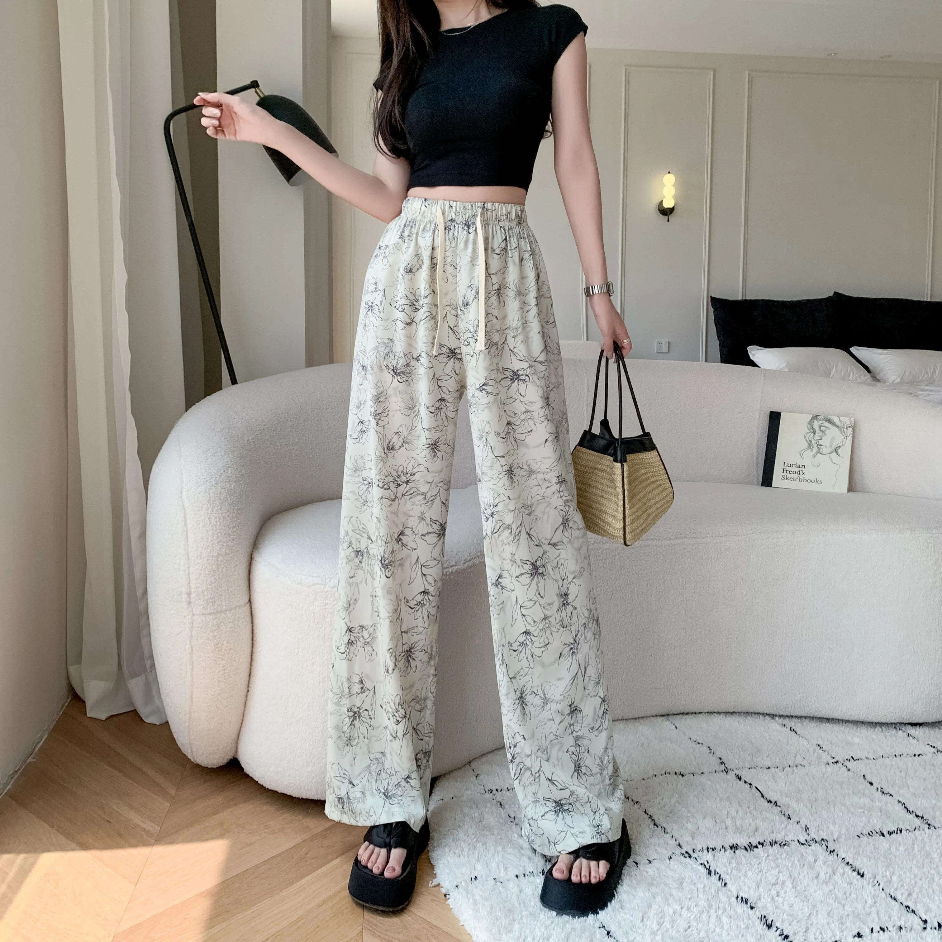 Printed High-Waisted Straight Leg Casual Slimming Look Silky Pants