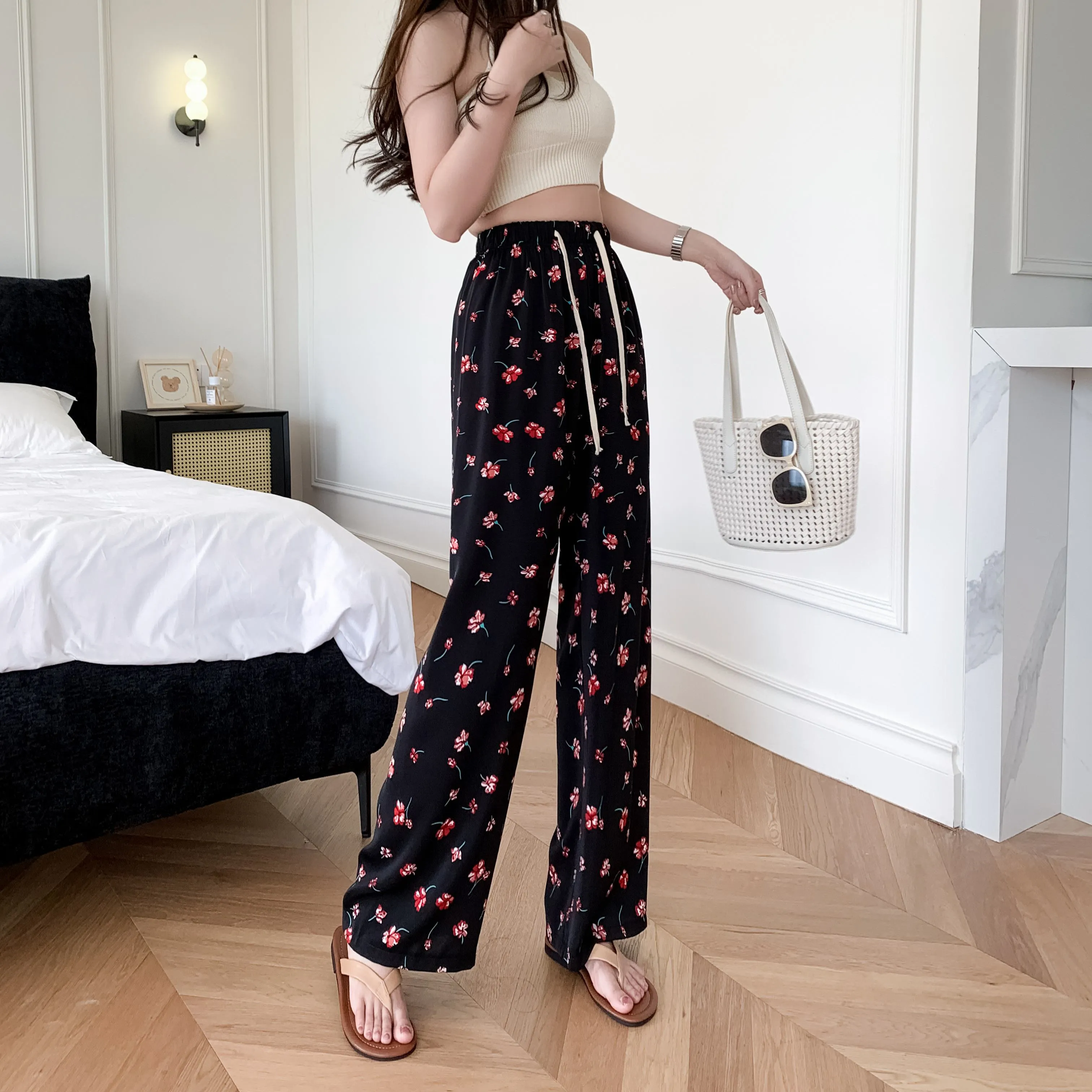 Printed High-Waisted Straight Leg Casual Slimming Look Silky Pants