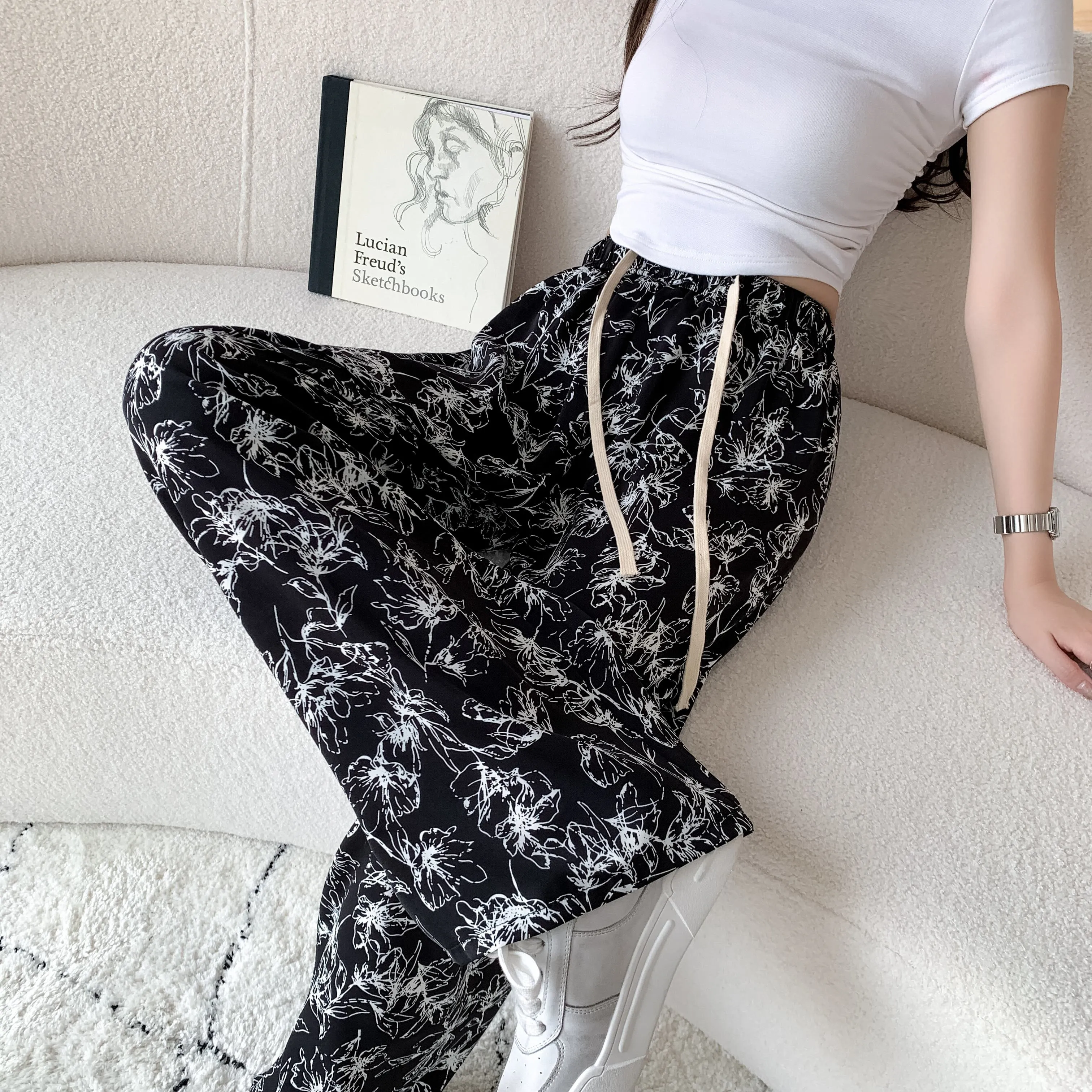 Printed High-Waisted Straight Leg Casual Slimming Look Silky Pants