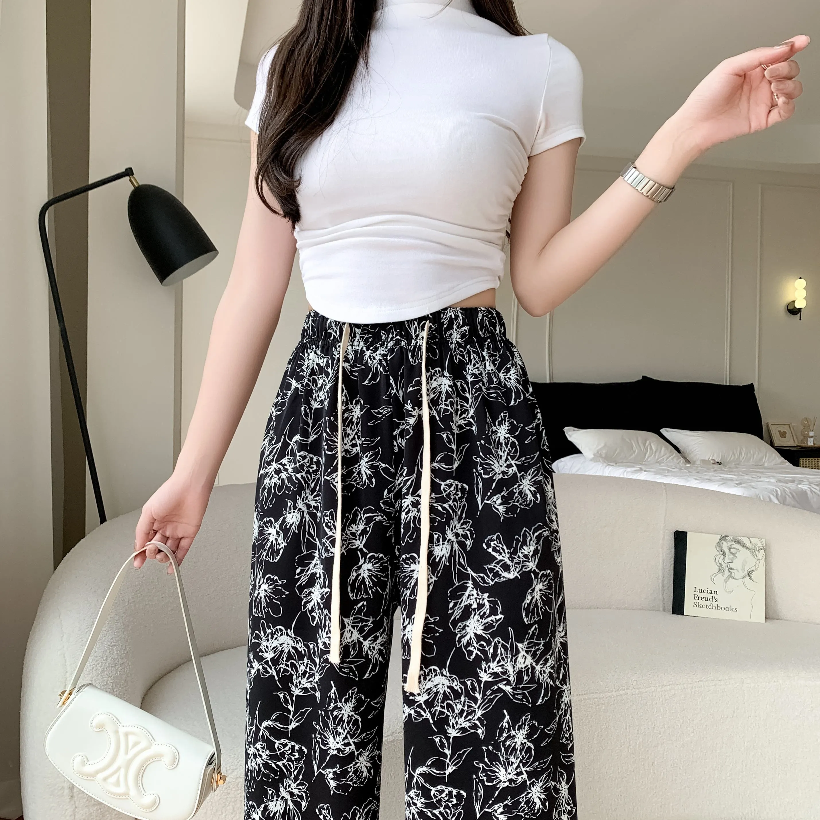 Printed High-Waisted Straight Leg Casual Slimming Look Silky Pants