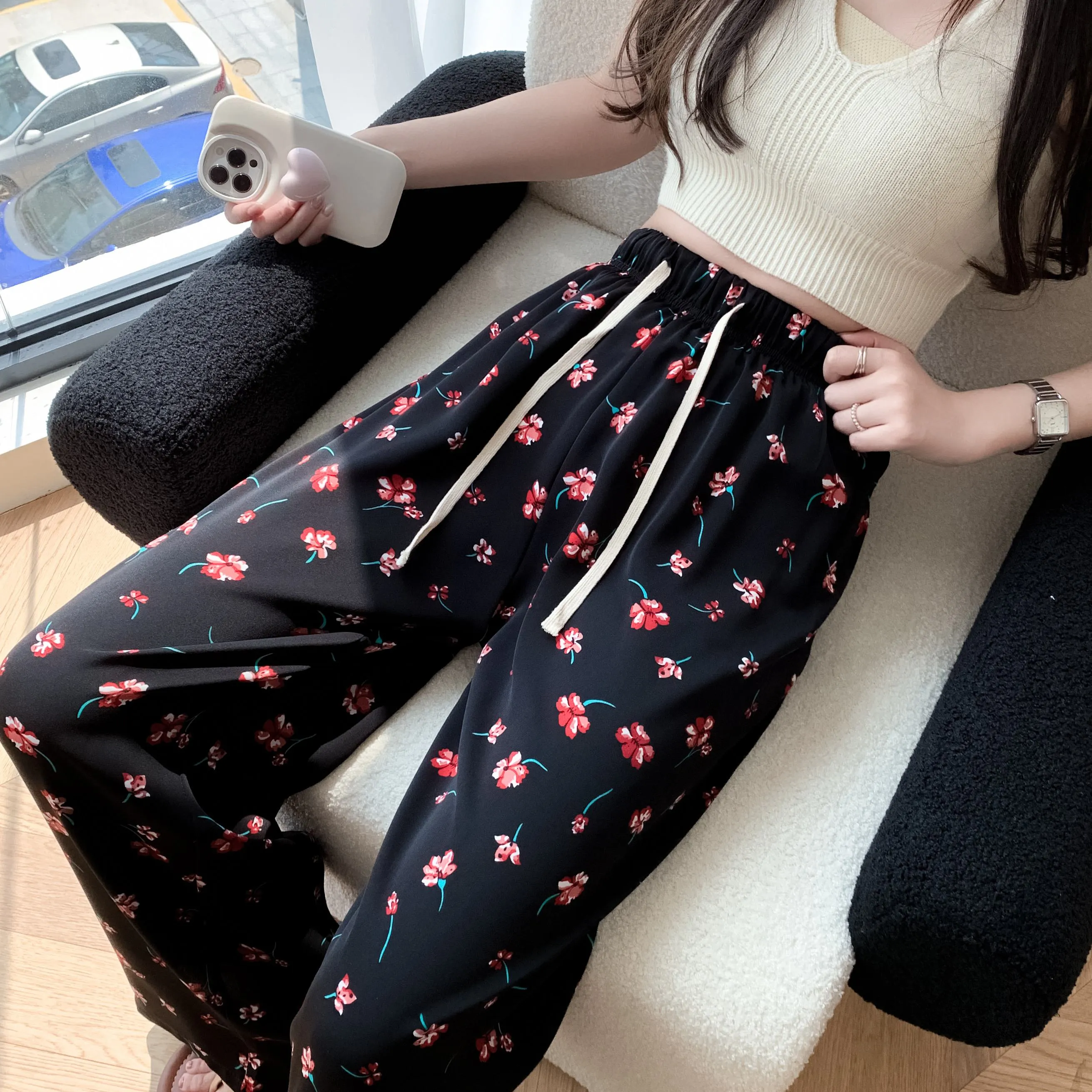 Printed High-Waisted Straight Leg Casual Slimming Look Silky Pants