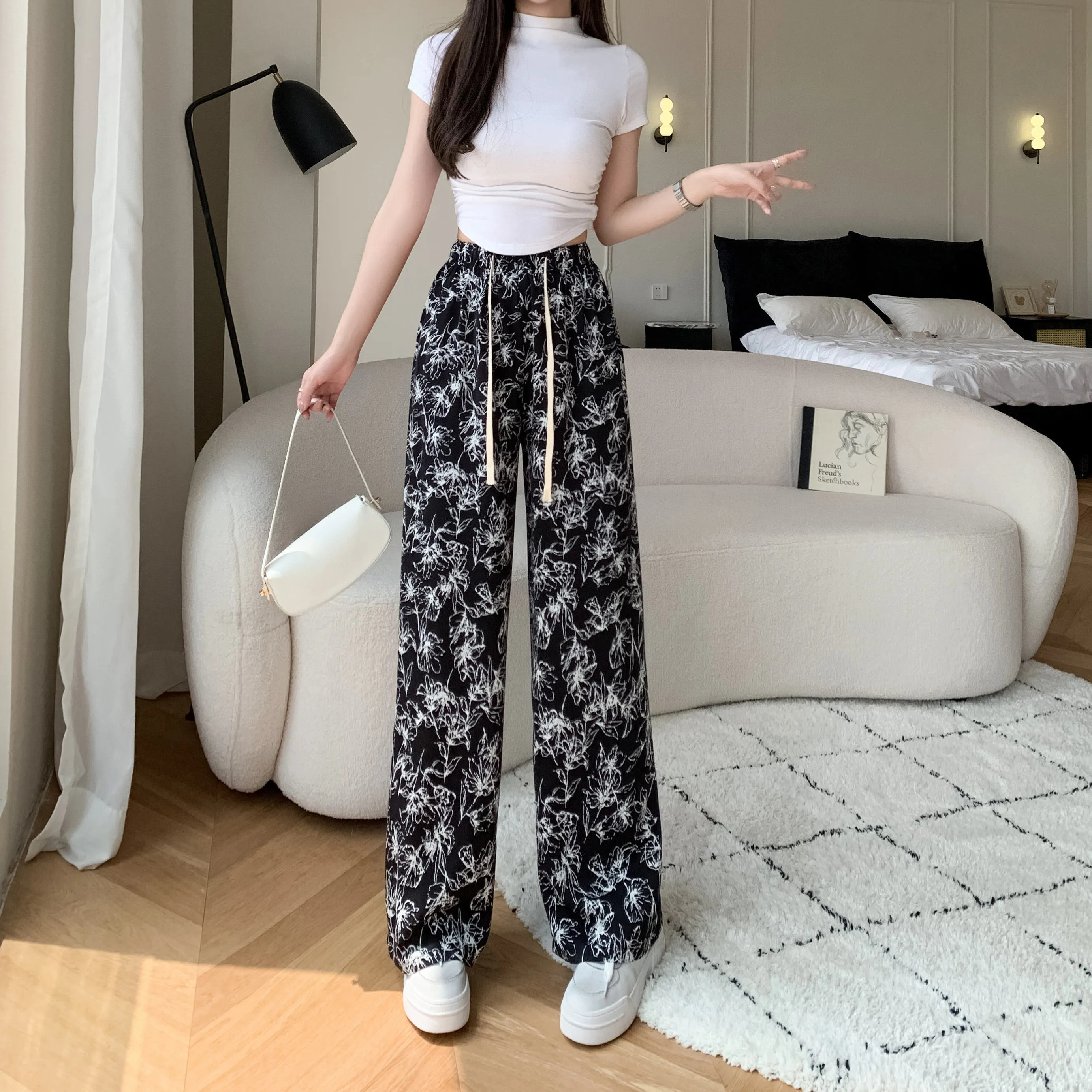 Printed High-Waisted Straight Leg Casual Slimming Look Silky Pants