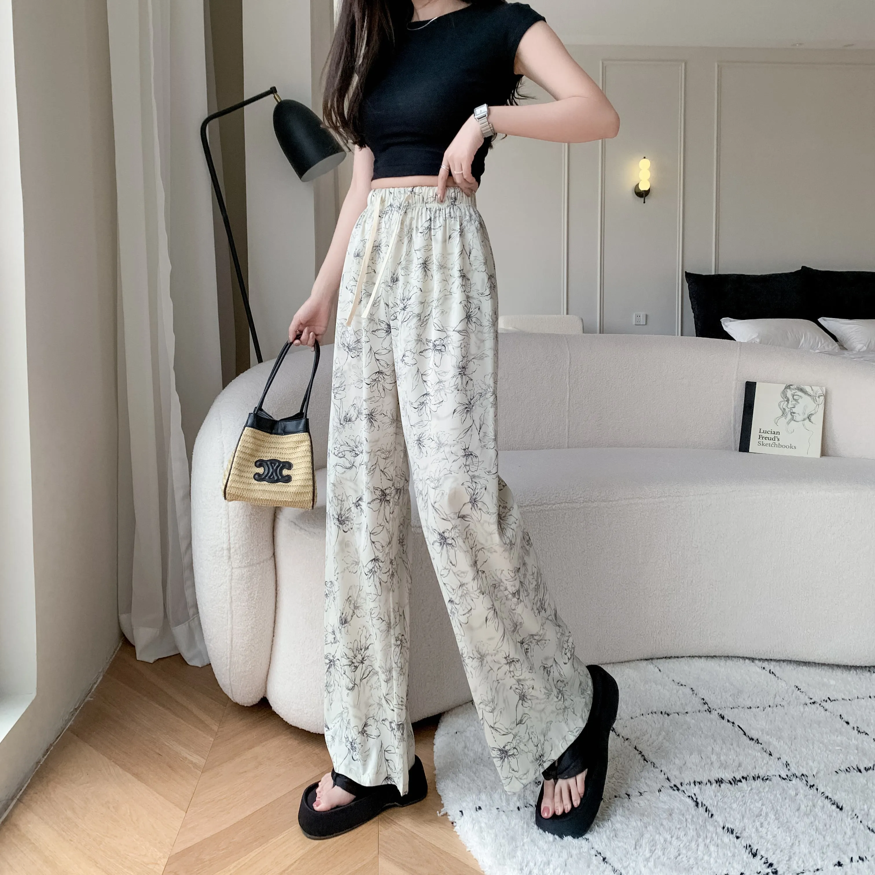Printed High-Waisted Straight Leg Casual Slimming Look Silky Pants