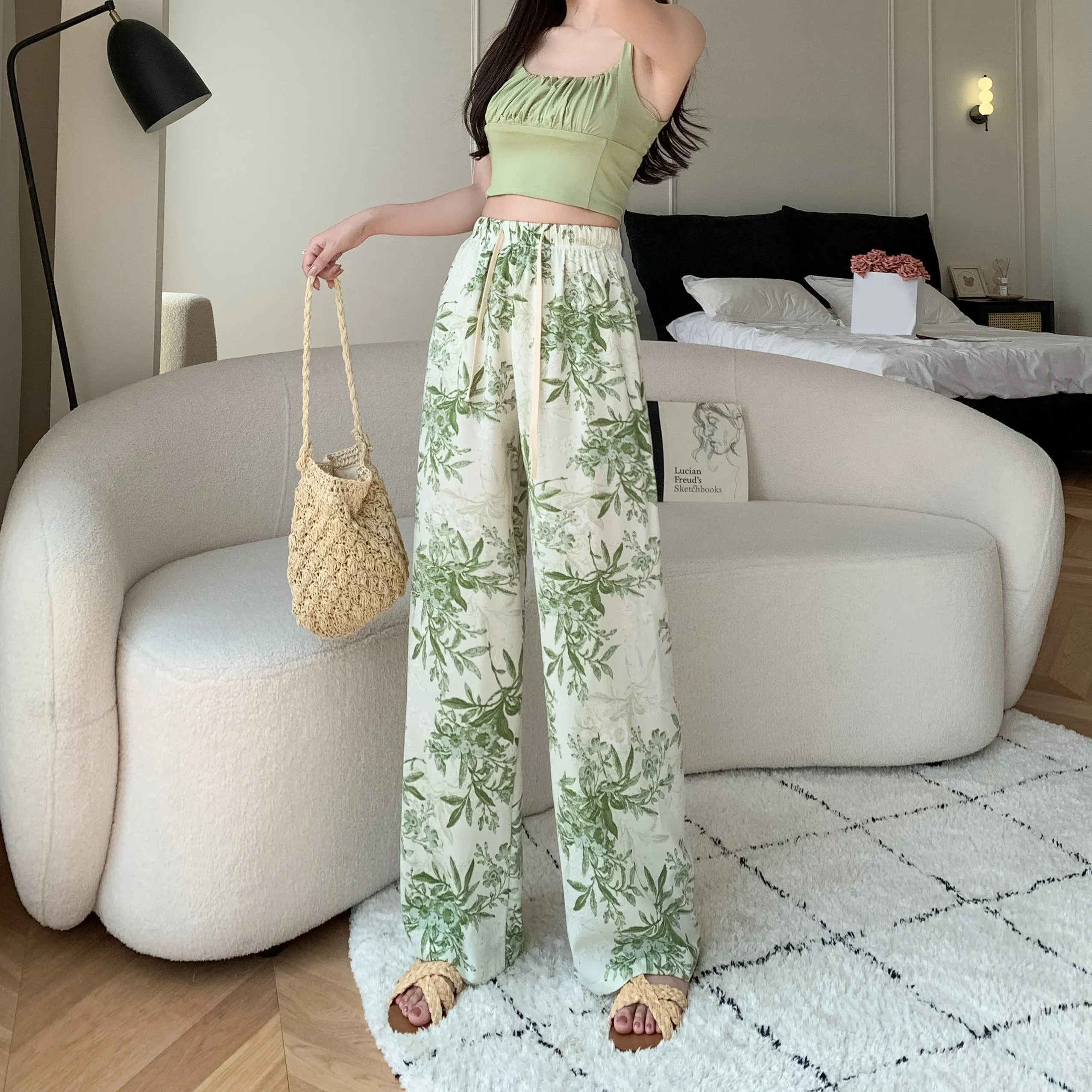 Printed High-Waisted Straight Leg Casual Slimming Look Silky Pants