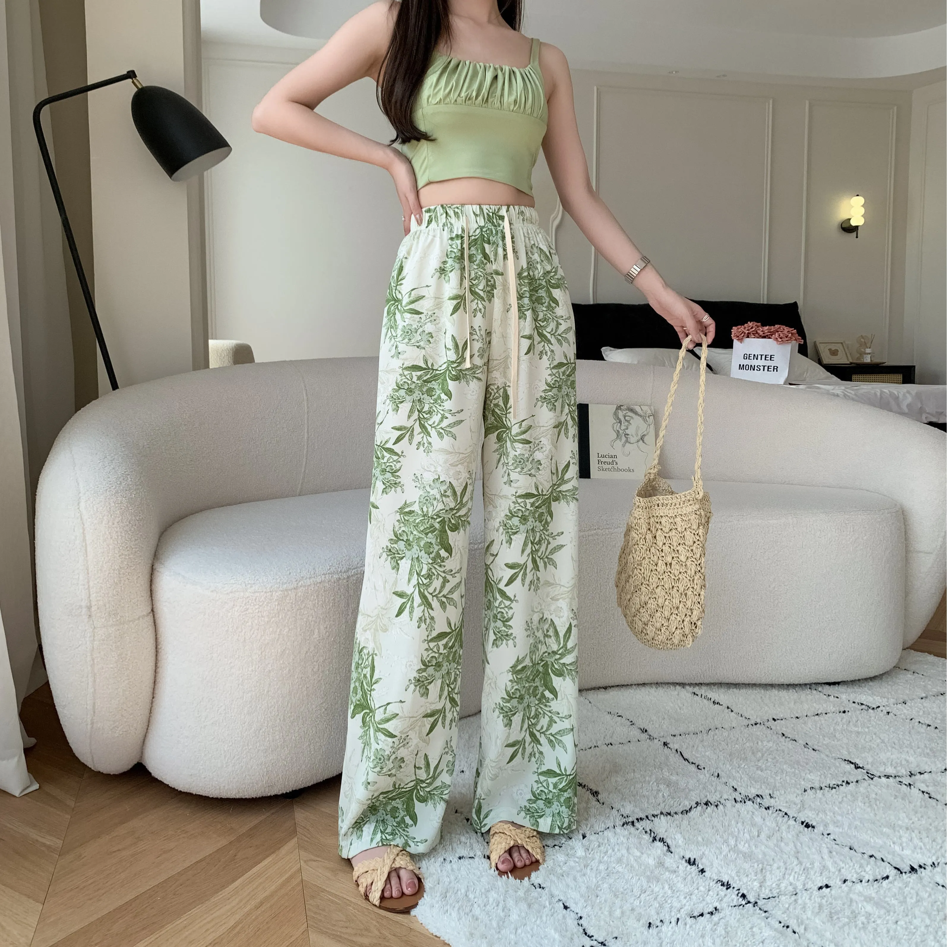 Printed High-Waisted Straight Leg Casual Slimming Look Silky Pants