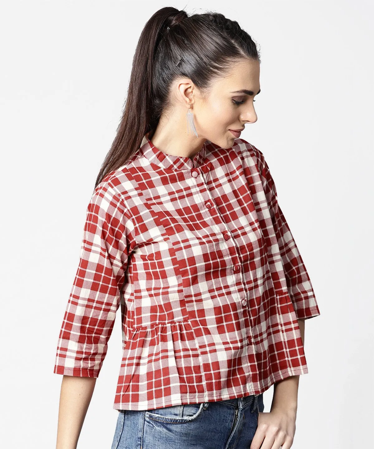 Red Checked 3/4Th Sleeve Cotton Crop Tops