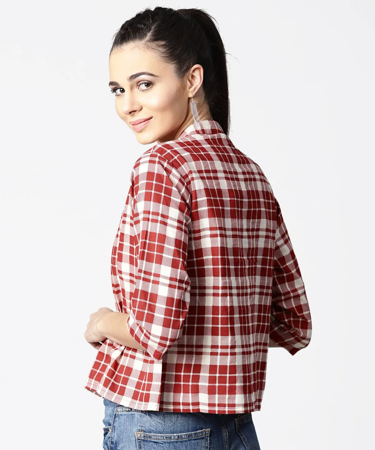 Red Checked 3/4Th Sleeve Cotton Crop Tops
