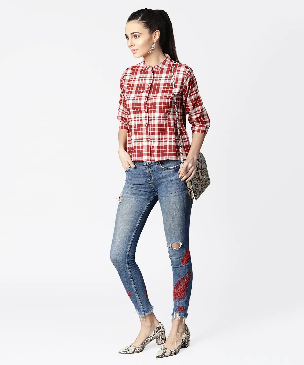 Red Checked 3/4Th Sleeve Cotton Crop Tops